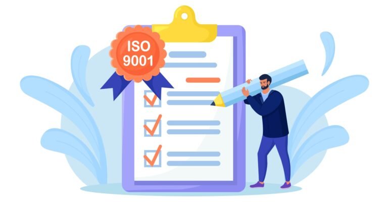 ISO 9001 quality management system, international certification. Businessman confirm, certify quality product in accordance with ISO 9001, standard quality control. Document standardization industry