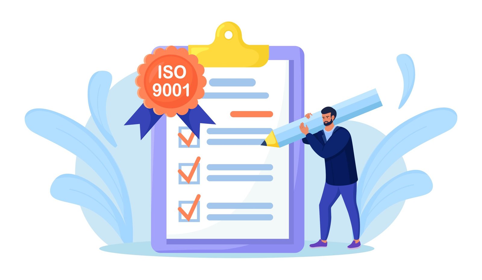 ISO 9001 quality management system, international certification. Businessman confirm, certify quality product in accordance with ISO 9001, standard quality control. Document standardization industry